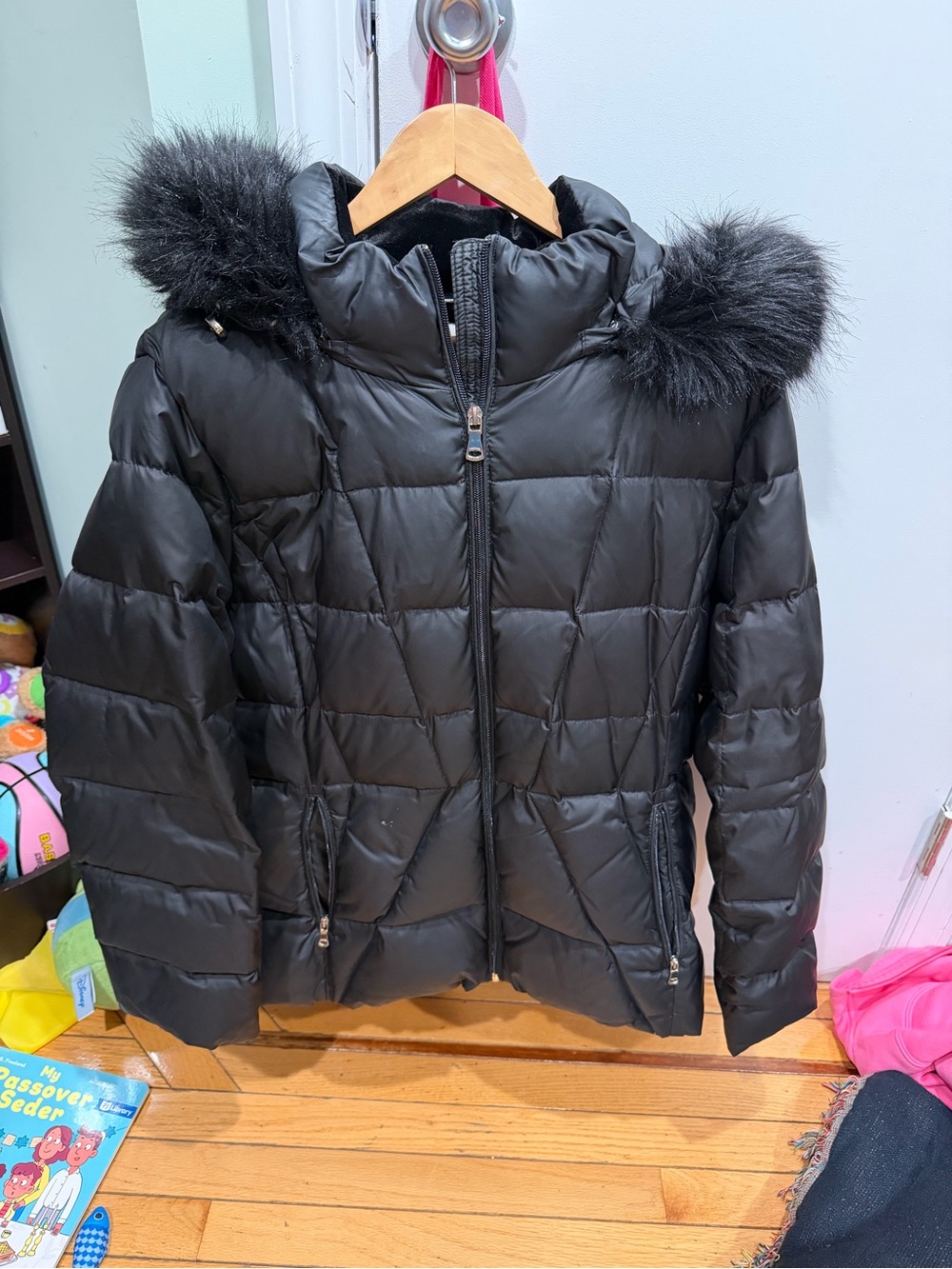 Calvin Klein Women's Black Puffer Jacket with Faux Fur Hood